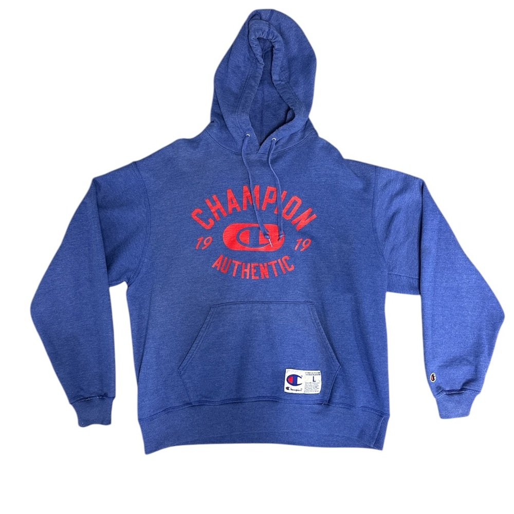 Champion Blue Hoodie with Red Logo